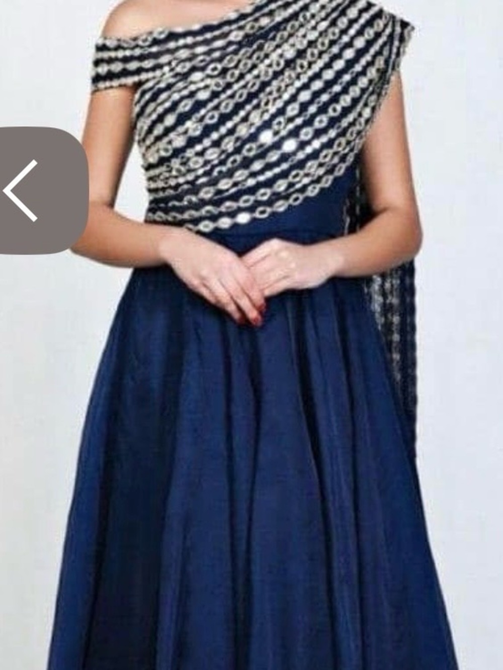 One-Shoulder Navy Evening Gown with Beaded Drape, By Ridhima Bhasin 
New no tag